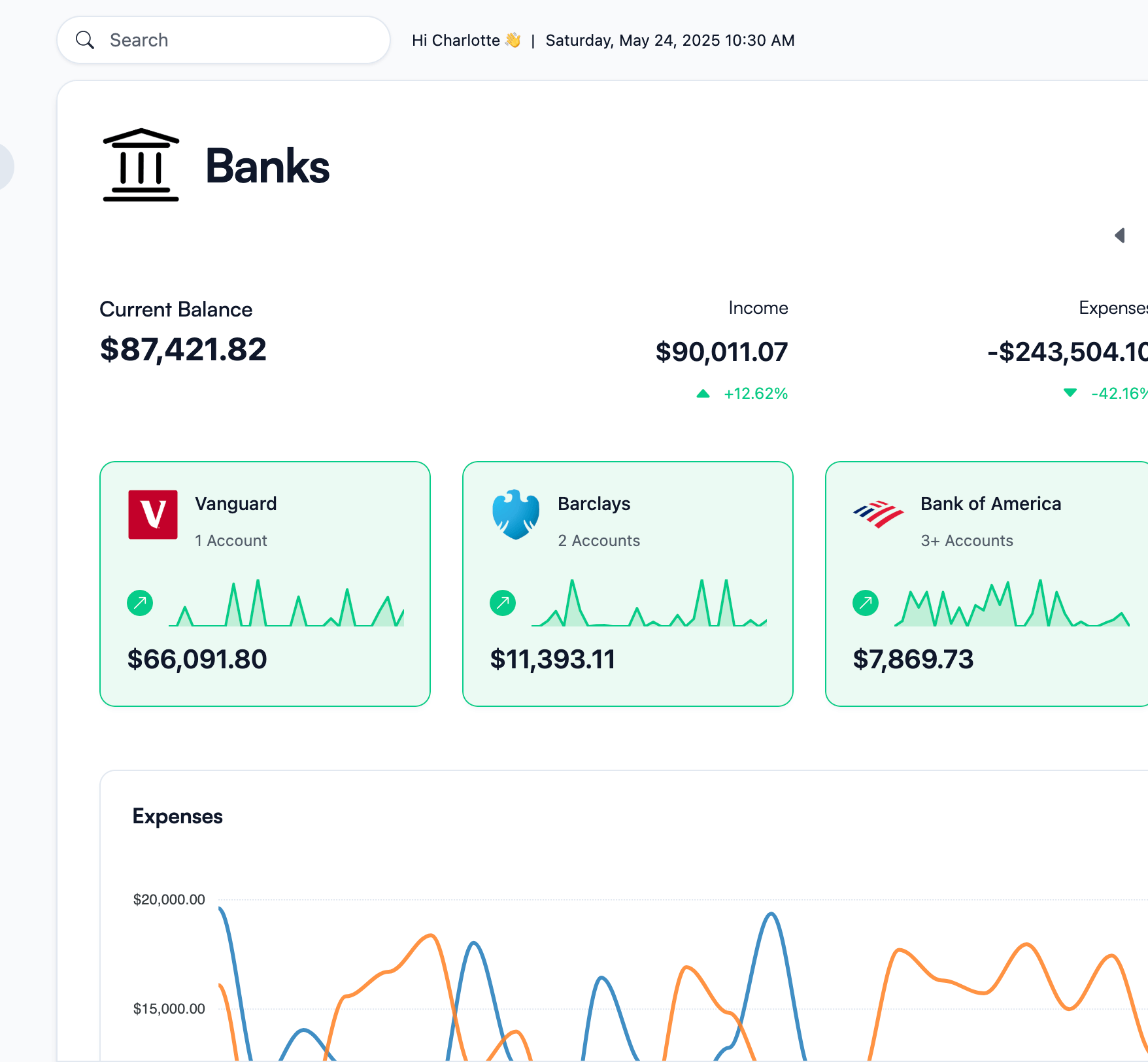 screenshot of the banks tab on the koody web app