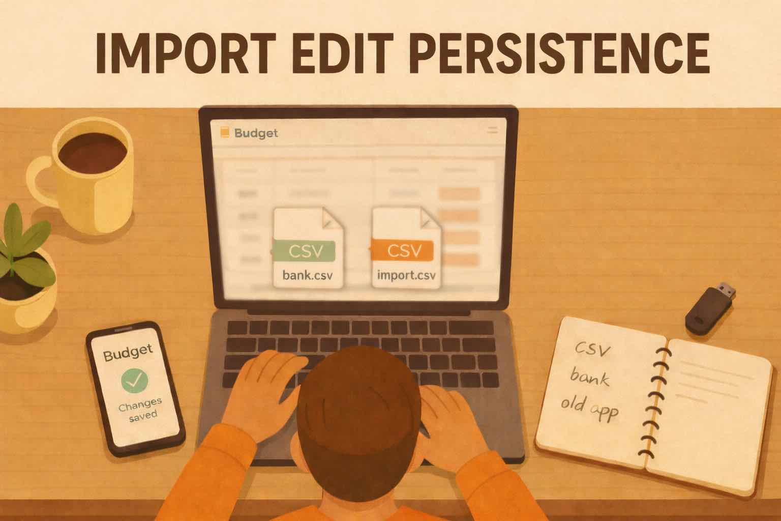 Koody import screen showing a merchant rename and category edit being saved for future CSV imports.