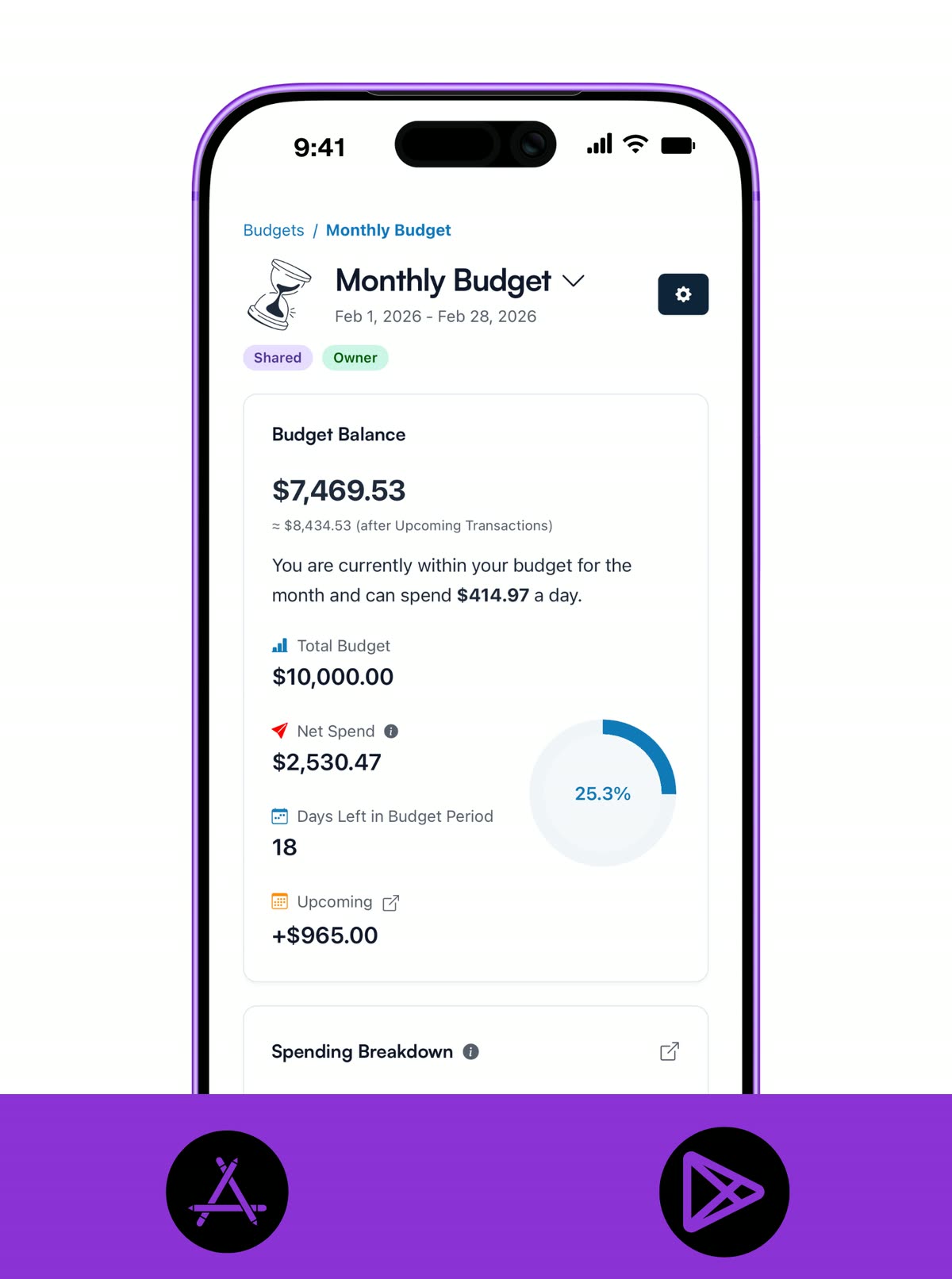 Koody mobile monthly budget summary showing budget balance, total budget, net spend, and days left