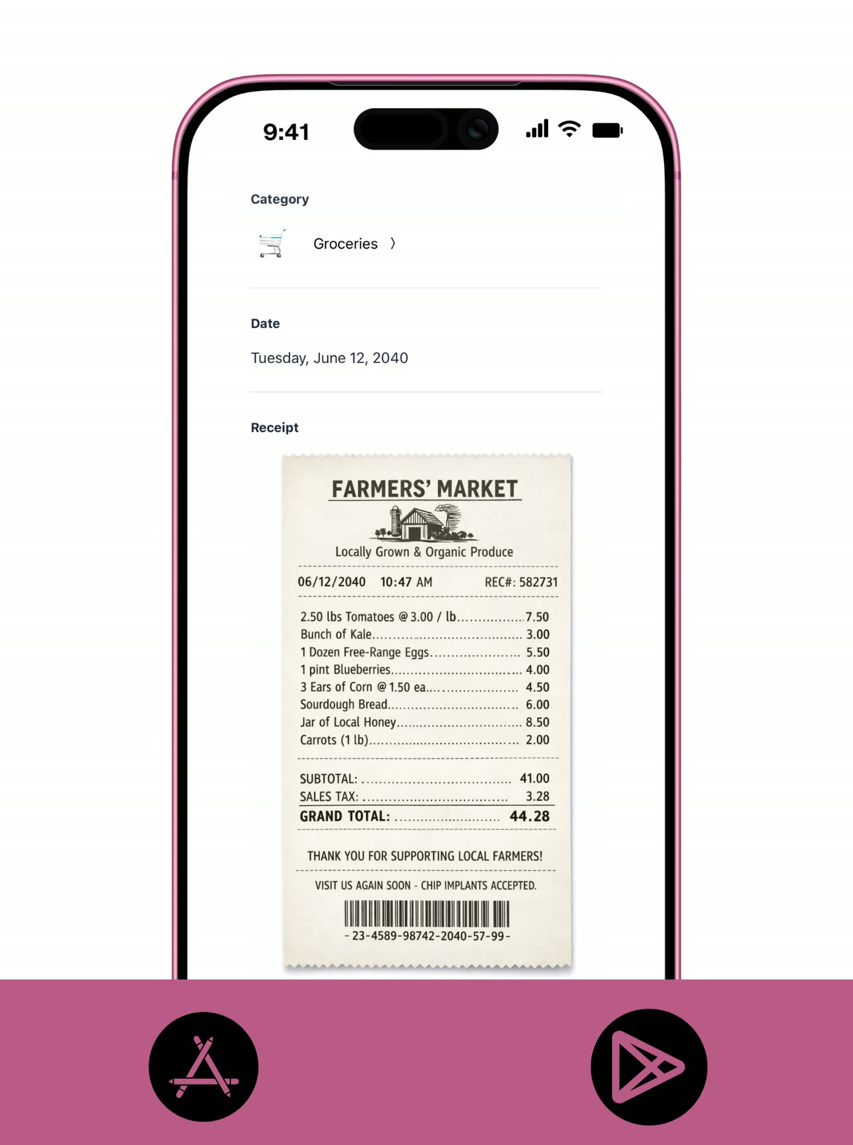 Koody mobile expense detail screen showing category, date, and an attached Farmers' Market receipt image