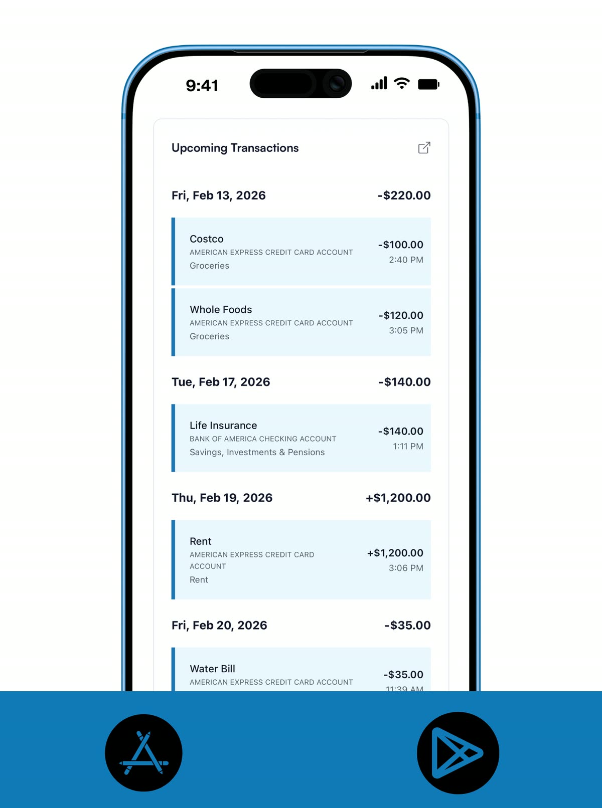 Koody mobile upcoming transactions list showing scheduled expenses and income grouped by date