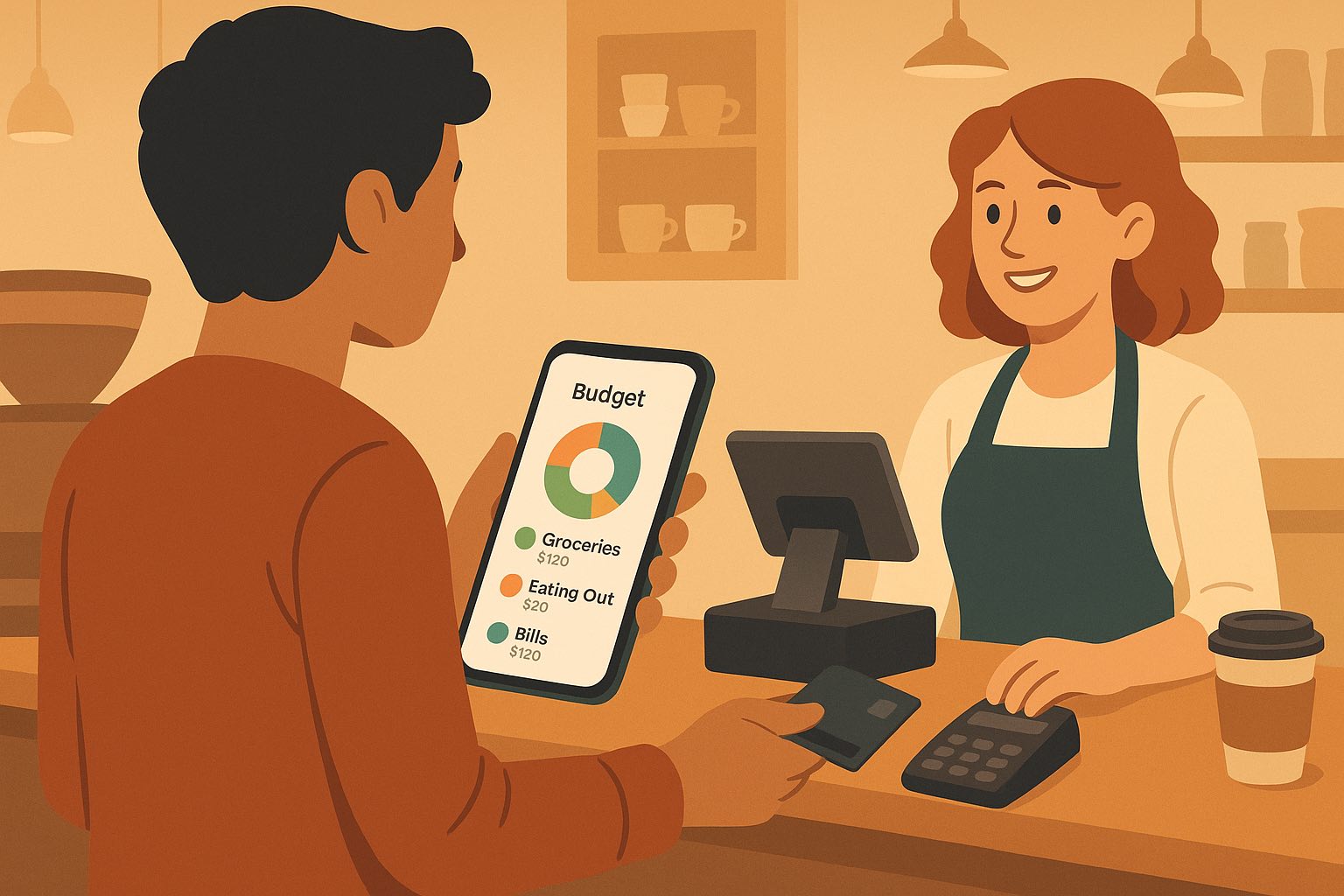 Person using Koody on their phone at a coffee shop till to log a purchase.