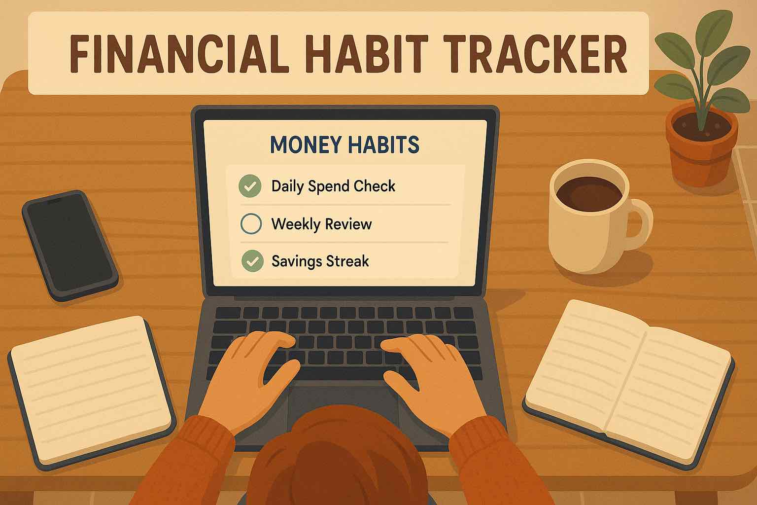 Overhead view of a person using Koody as a financial habit tracker on a laptop with a simple money habits dashboard and weekly review tiles visible.