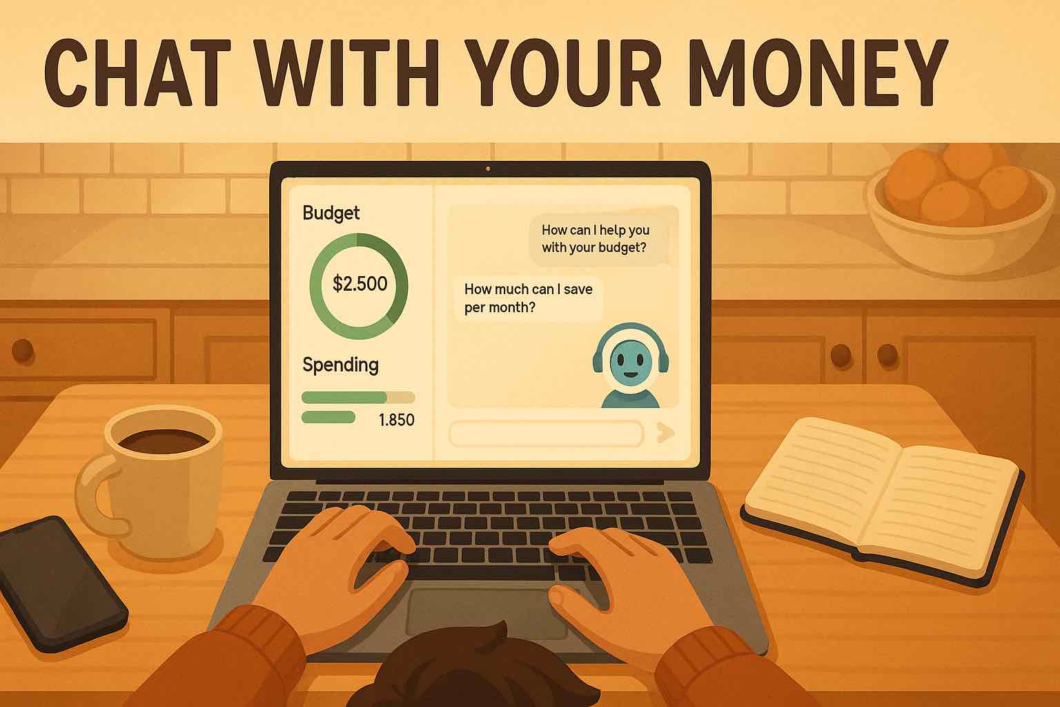 Woman sitting at a desk, chatting with an AI assistant inside the Koody app on their laptop, with spending charts and budgets visible on screen.