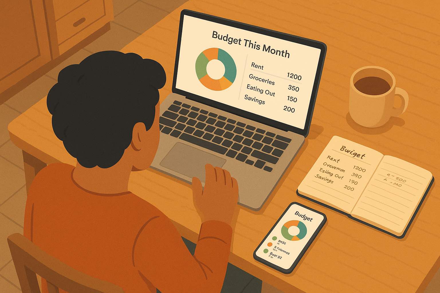 Person reviewing Koody, a Mint alternative budgeting app, on their laptop and phone at a cozy kitchen table, planning their monthly budget.