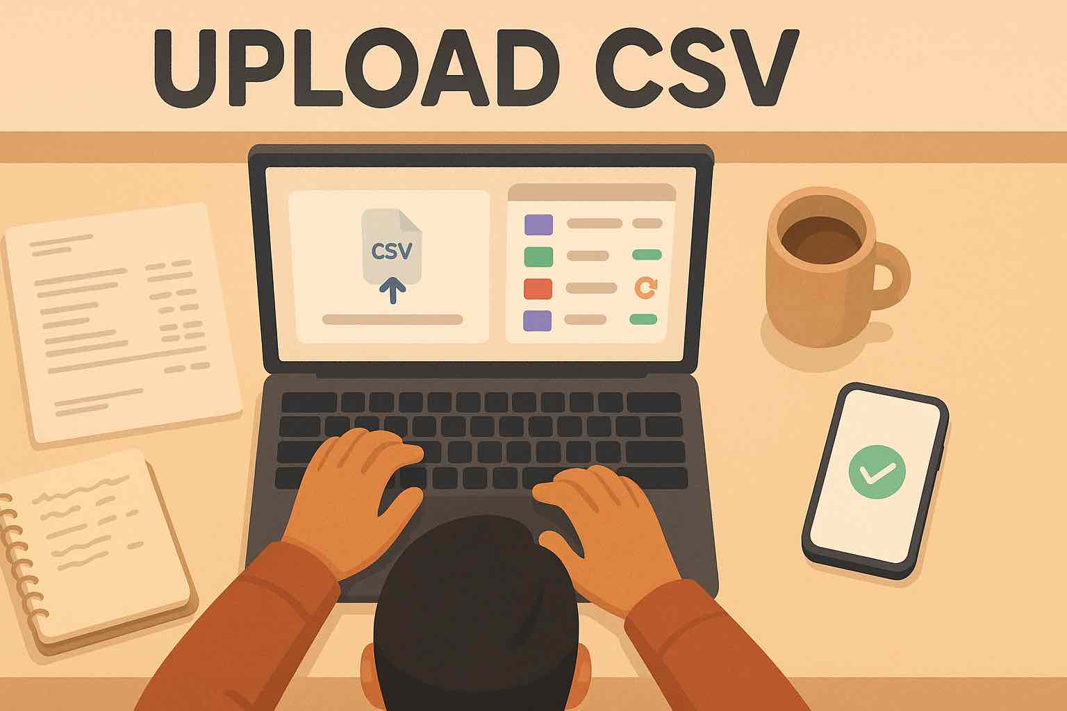 Person uploading a bank transaction CSV into the Koody money management app, with cleaned transactions, categories, and recurring payments highlighted on screen.