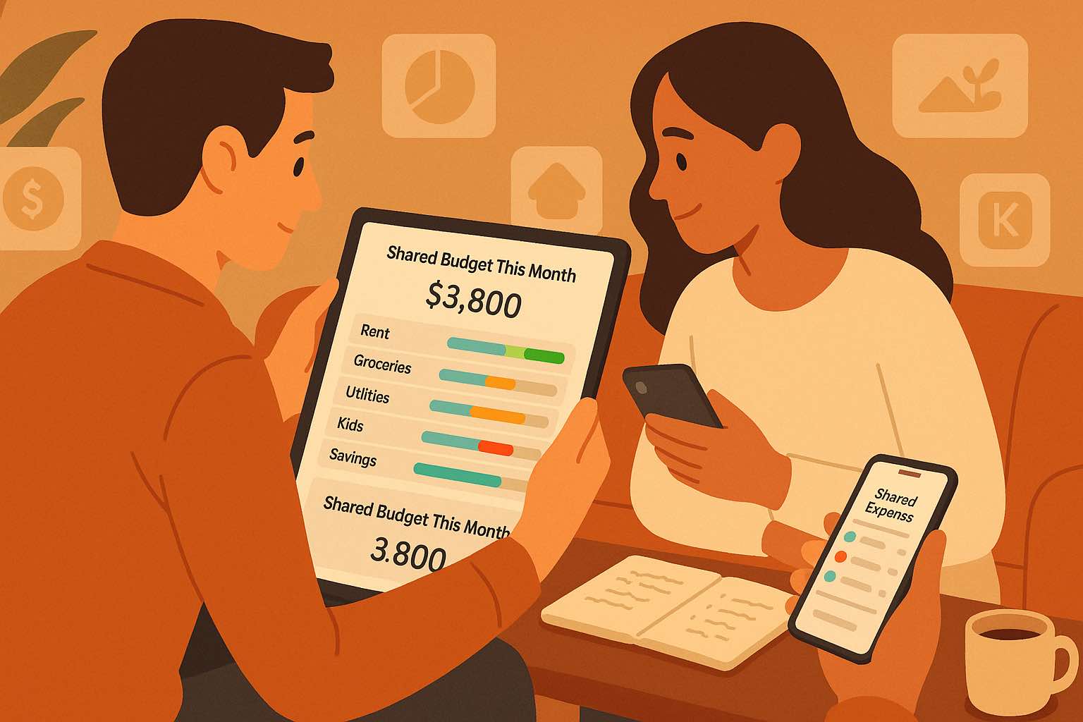 Couple sitting together on a sofa, reviewing a shared budget in Koody on a tablet and phone, with clear categories and shared expenses visible.