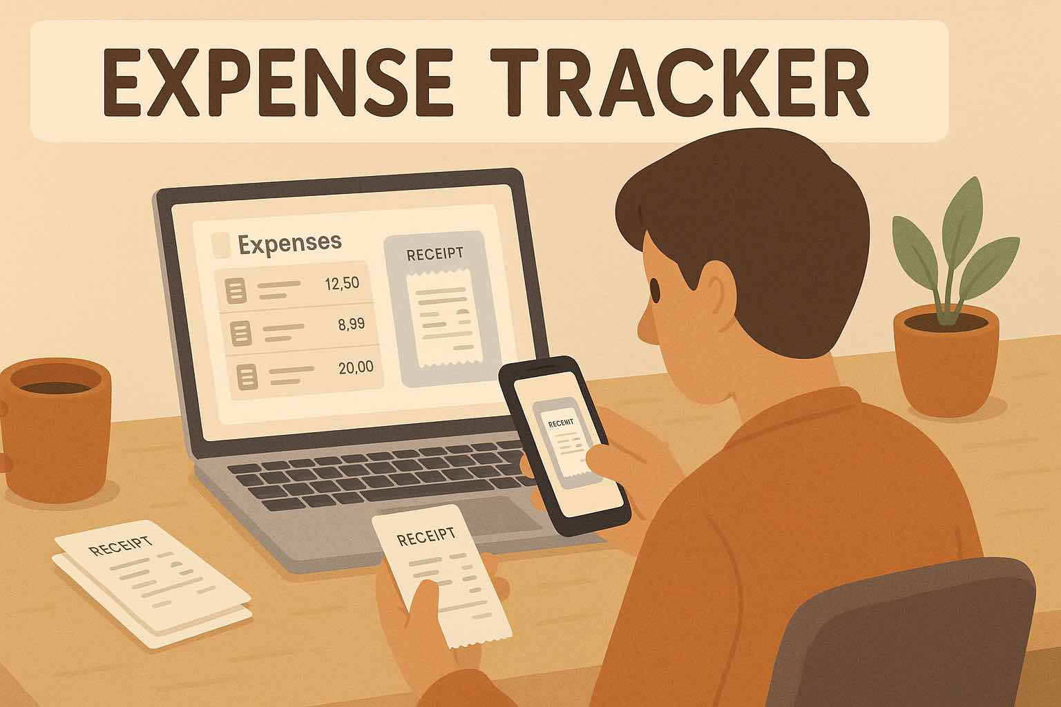 Person at a tidy desk taking a photo of a receipt on their phone, while a laptop shows the Koody spending tracker app with attached receipt images.