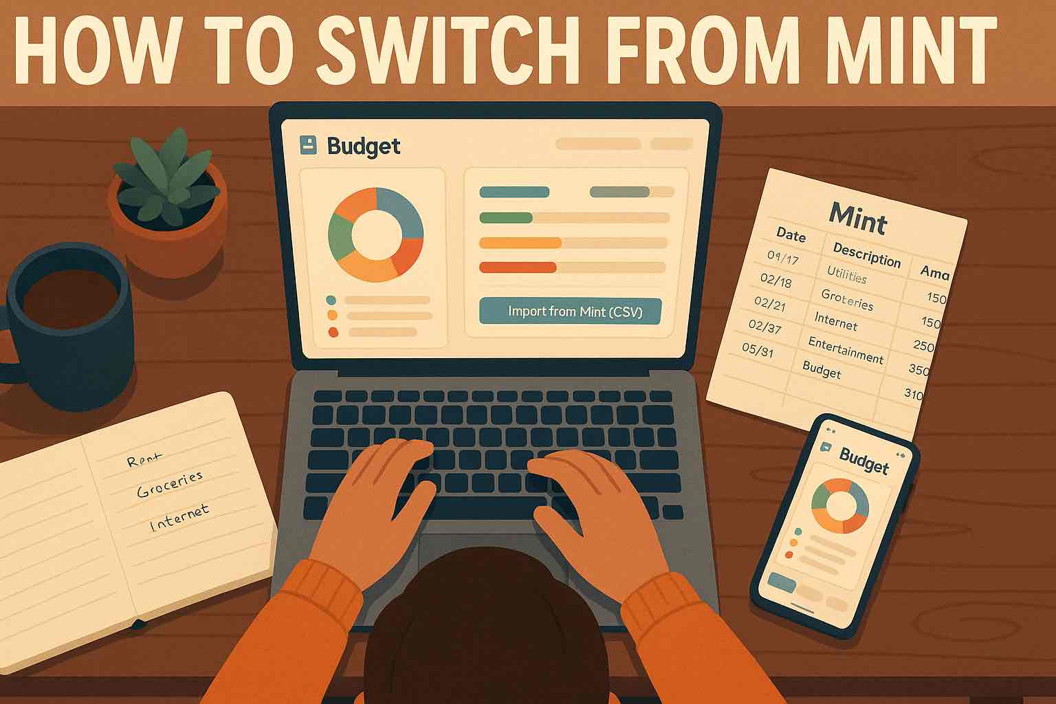 Person at a kitchen table moving their Mint data into the Koody budgeting app on a laptop, with a CSV file and simple budget charts visible on screen.