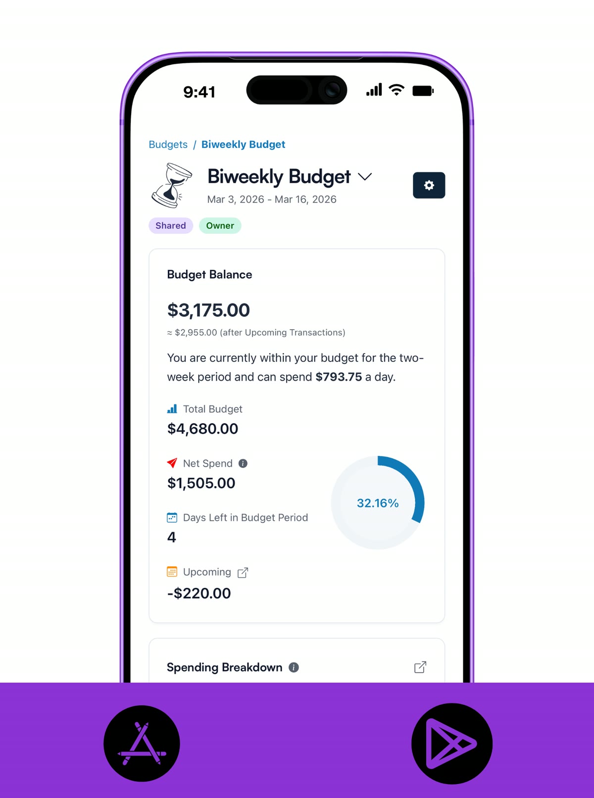Koody budget screen showing a biweekly budget summary with spending, balance, and days left in the current pay period