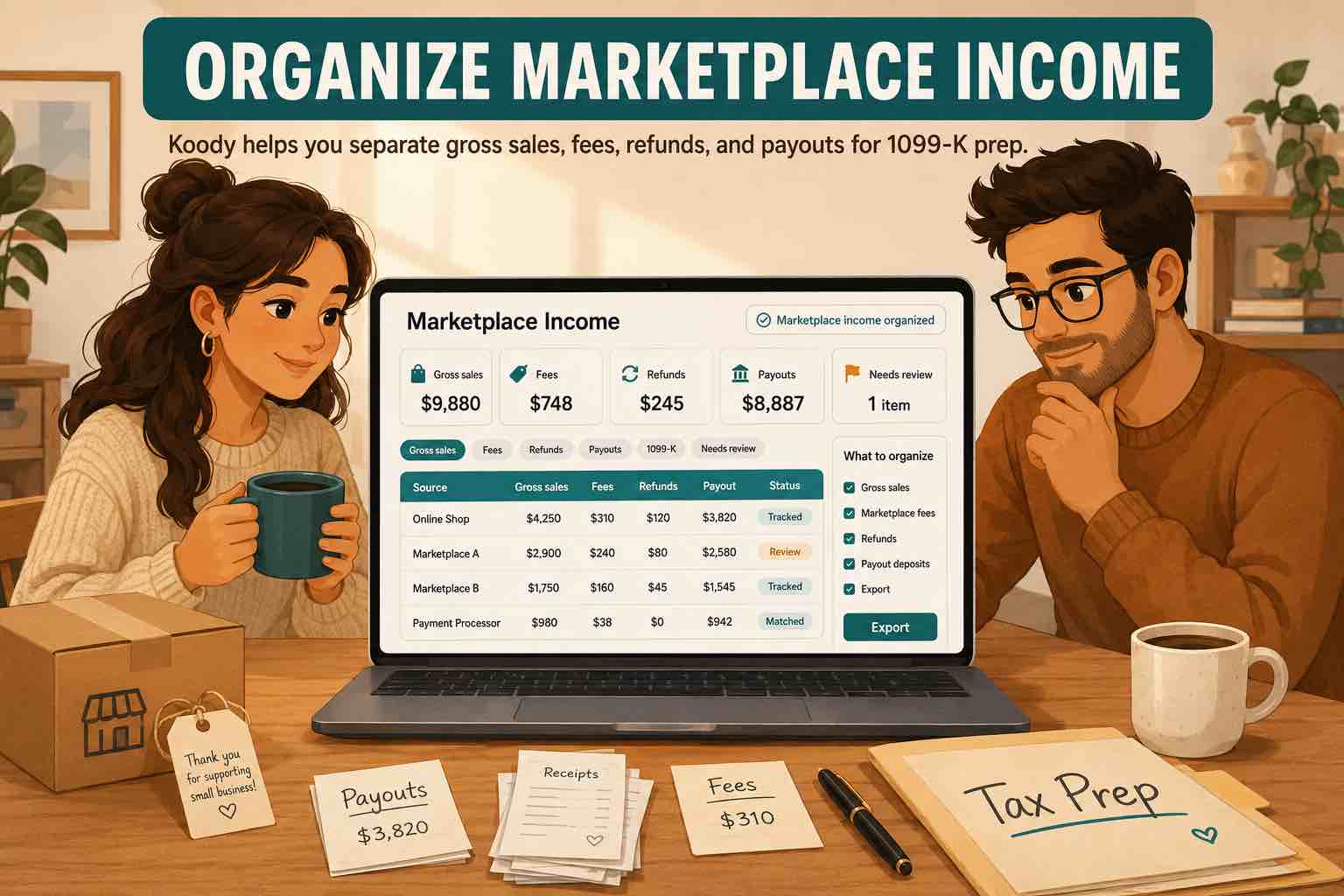 Two people reviewing marketplace income in Koody, with gross sales, fees, refunds, payouts, receipts, and tax prep notes on the desk.