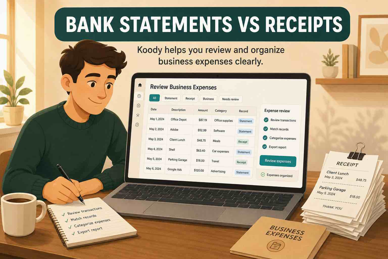 Illustration of a person reviewing business expenses on a laptop beside receipts, a checklist notebook, and a business expenses folder.
