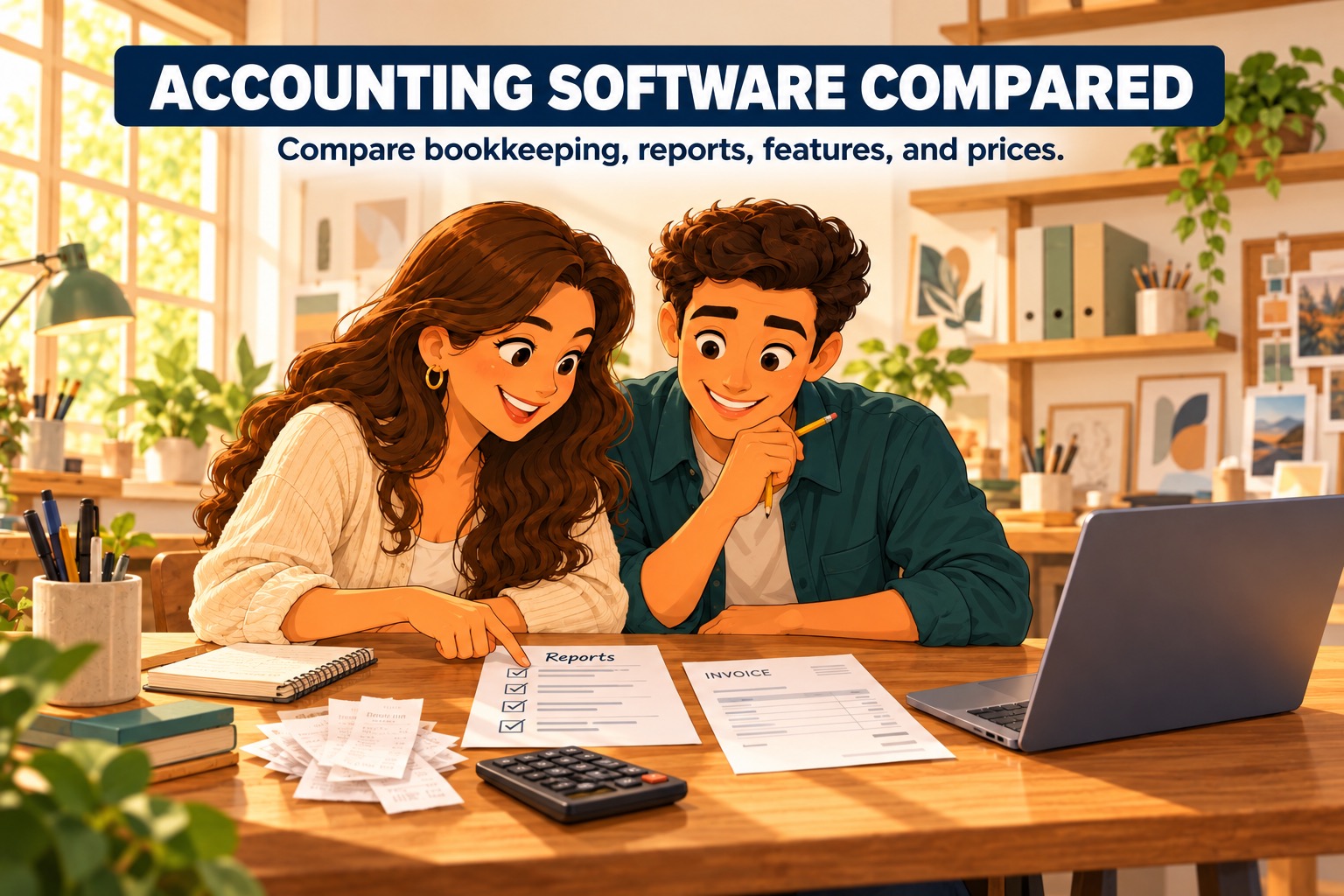 Illustration of two small-business owners comparing a reports checklist, an invoice, and receipts beside a laptop and calculator in their studio.