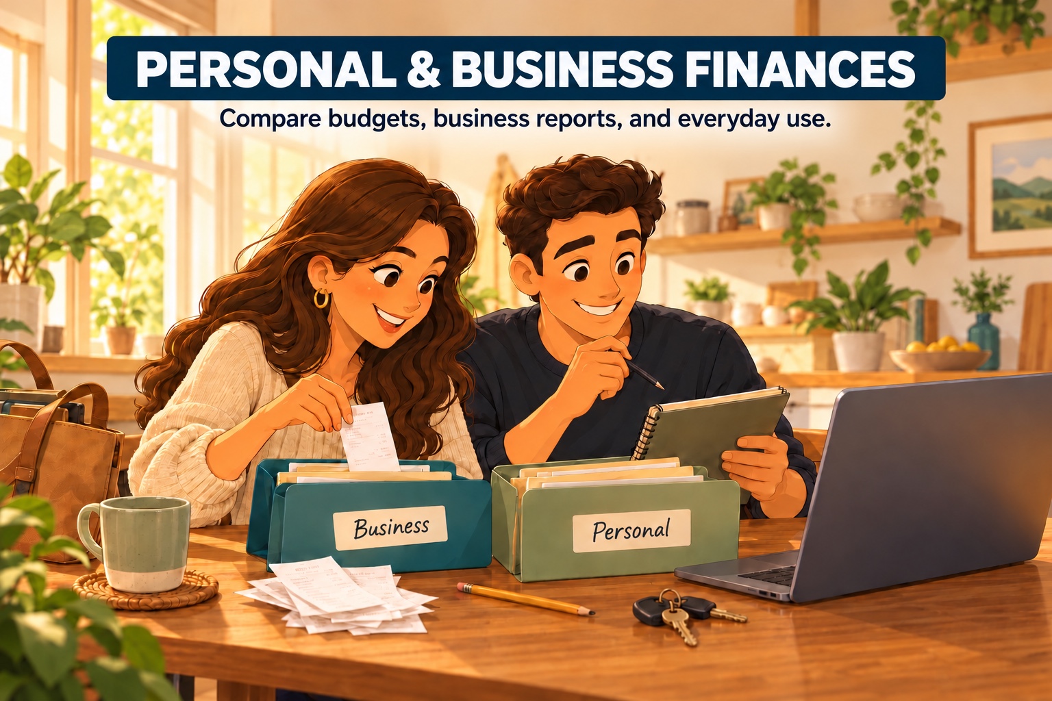 Illustration of a couple reviewing household and business paperwork together at a kitchen table beside a laptop.