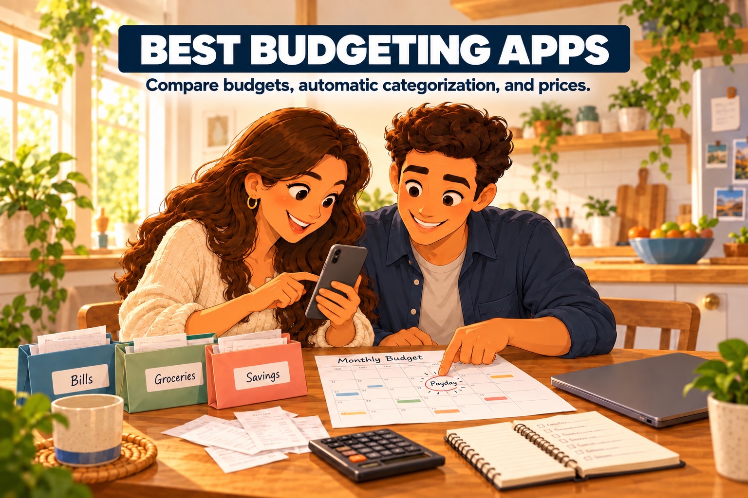 Illustration of a couple looking at a phone together beside a monthly budget calendar and envelopes for bills, groceries, and savings at their kitchen table.