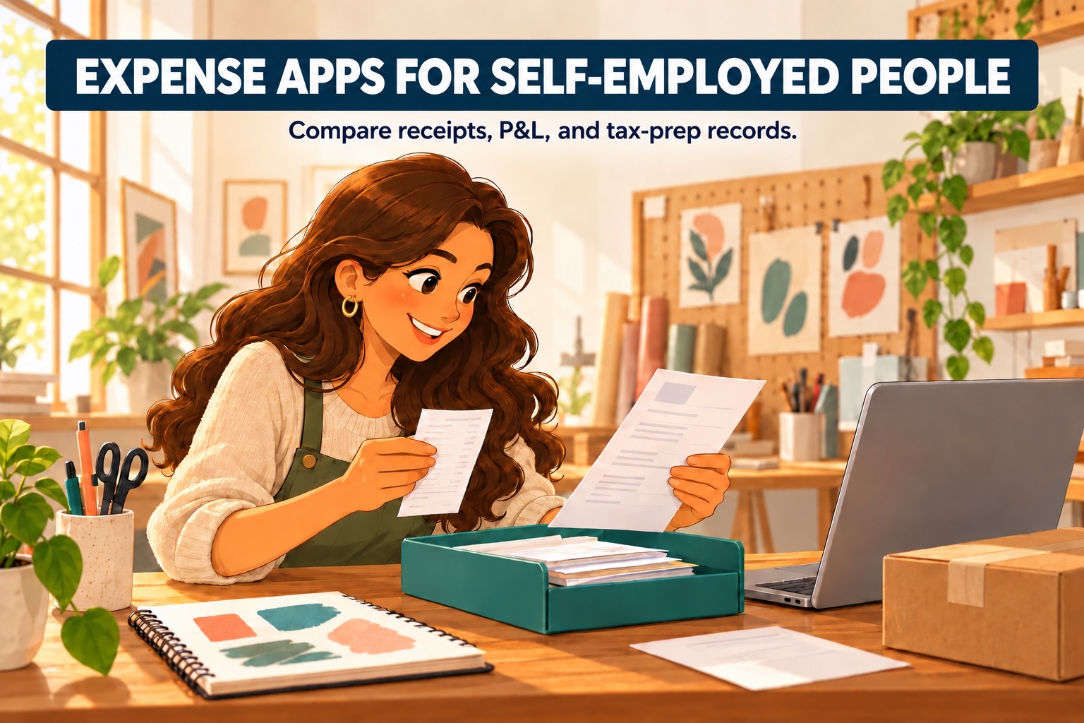 Illustration of a self-employed woman organizing business receipts and invoices at her desk beside a laptop.