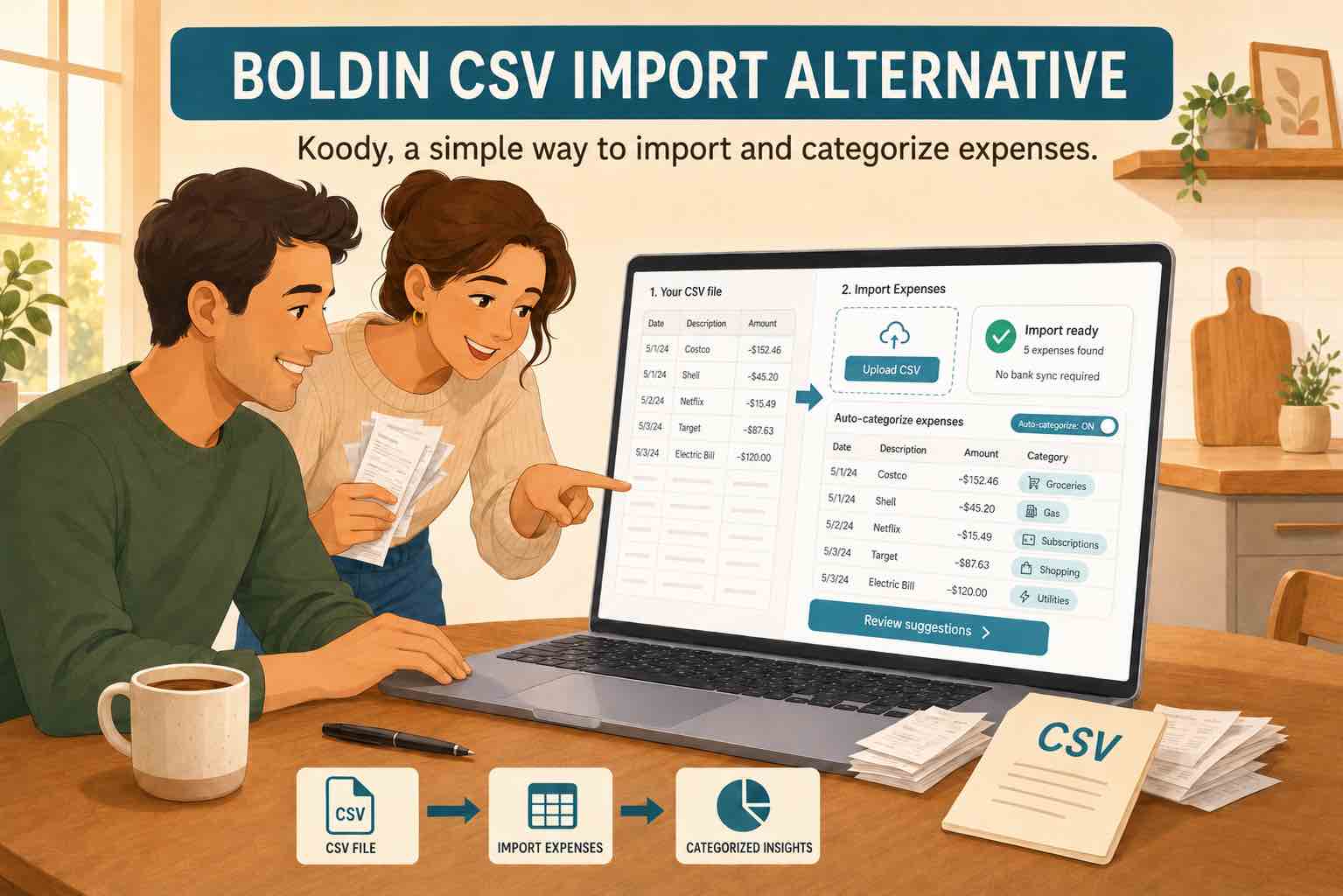 Illustration of a couple reviewing a Boldin CSV import alternative in Koody with categorized expense CSV data.
