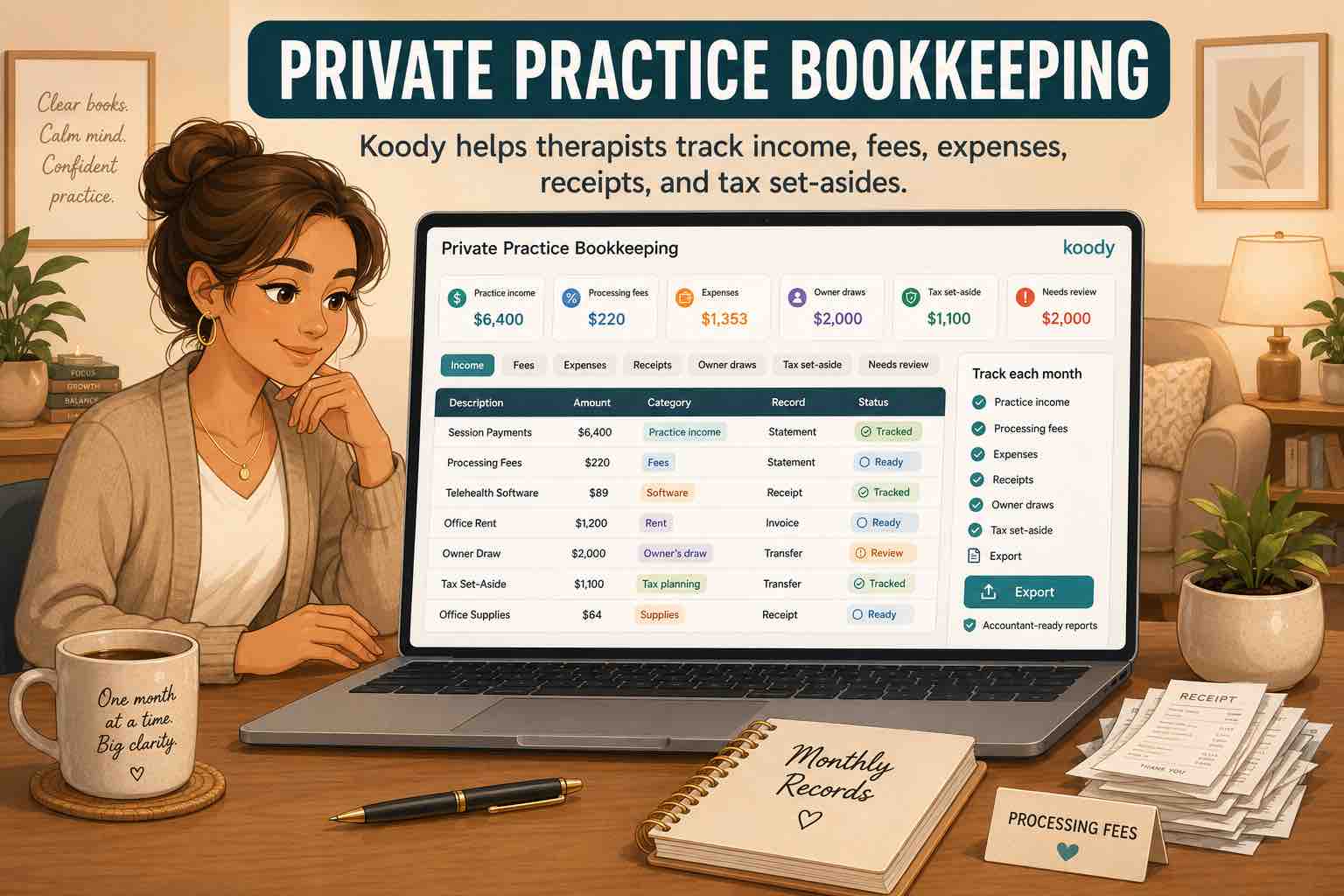 Illustration of a therapist reviewing private-practice income, fees, expenses, receipts, owner draws, and tax set-asides on a laptop.