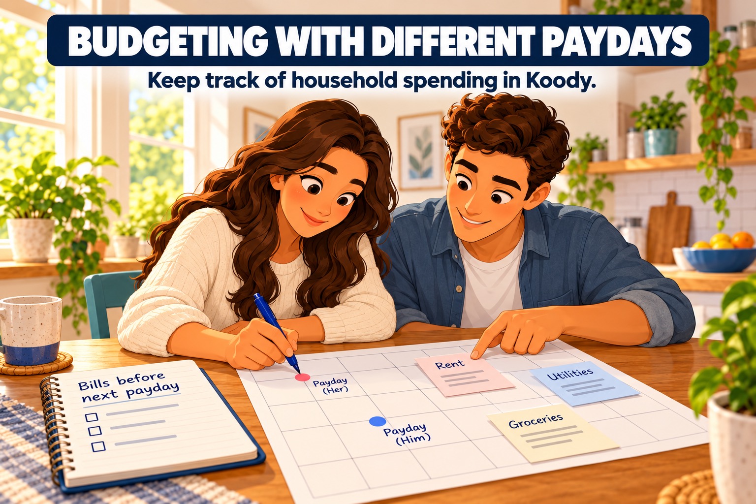 Illustration of a couple marking paydays on a household calendar beside rent, utilities, and grocery notes.