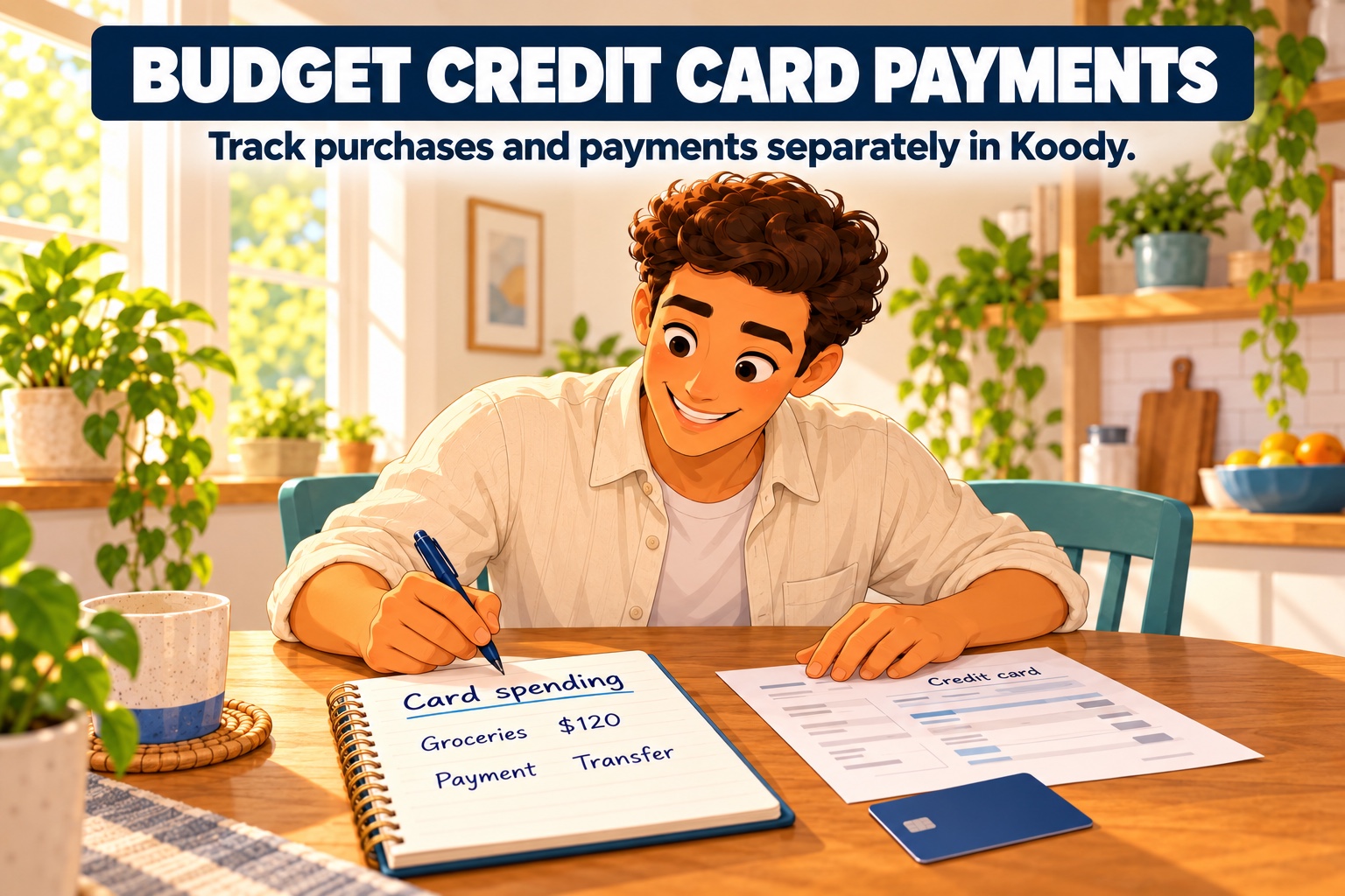 Illustration of a man reviewing a credit card statement beside a notebook that lists a $120 grocery purchase and a separate payment marked as a transfer.