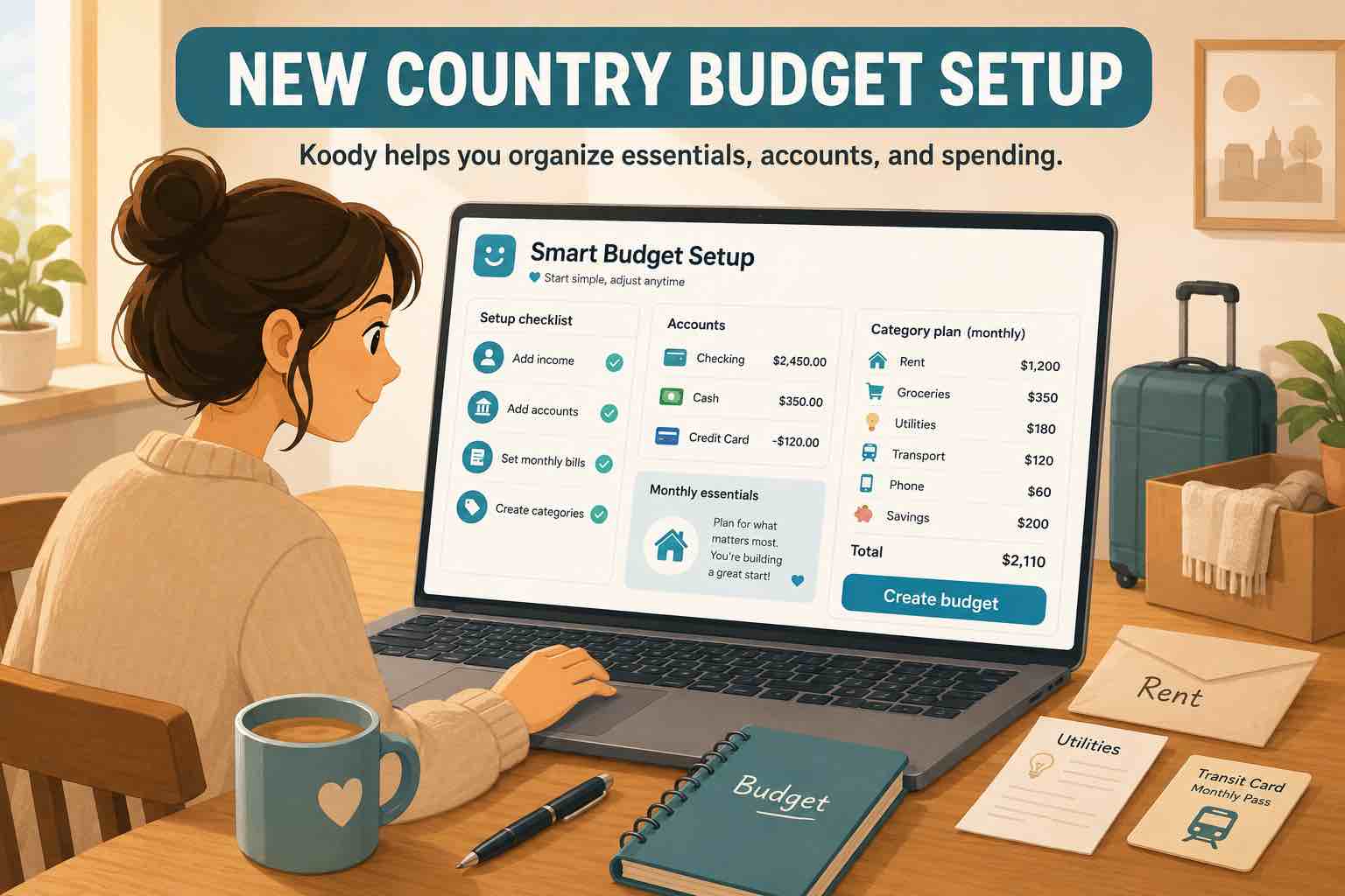 Person setting up a new country budget in Koody on a laptop, with rent, utilities, transit, cash, card accounts, moving boxes, and a suitcase nearby.