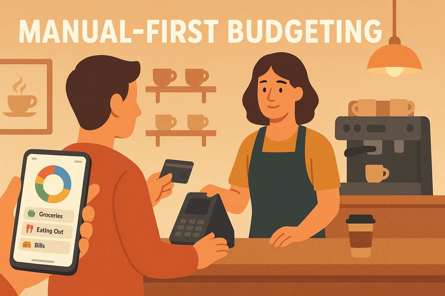 Person using Koody on their phone at a coffee shop till to log a purchase.