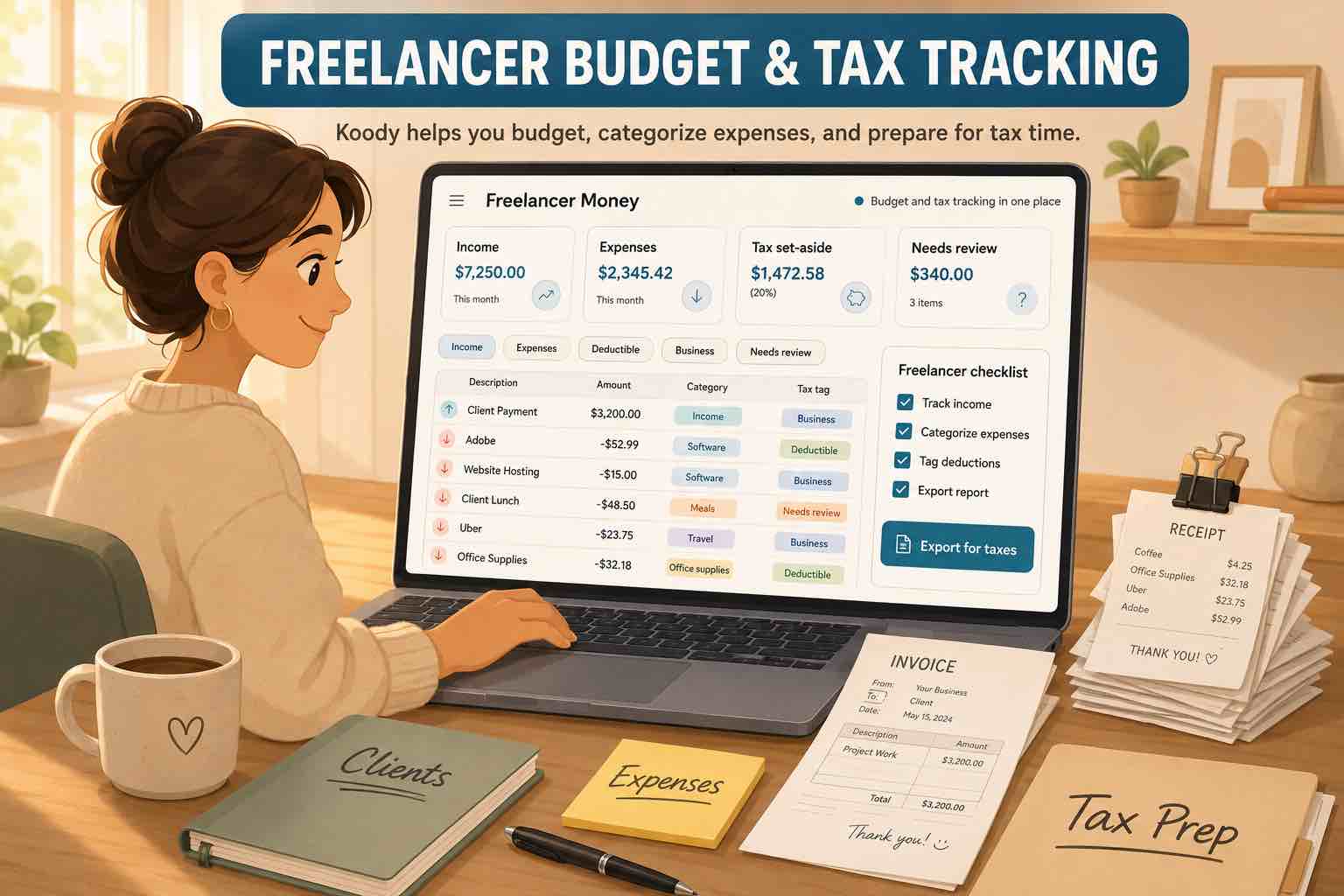 Freelancer using Koody on a laptop to track income, expenses, tax set-aside, receipts, invoices, and export records for tax prep.