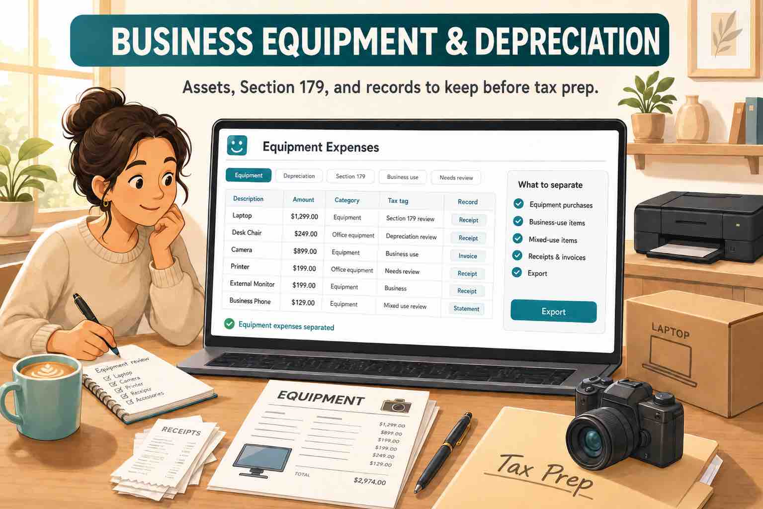 Person reviewing business equipment and depreciation records in Koody, with laptop, camera, printer, receipts, and tax prep folder on the desk.
