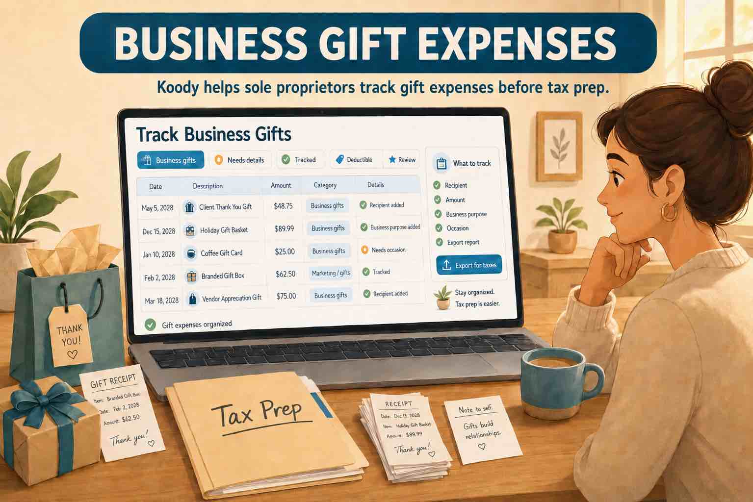 Illustration of a sole proprietor using Koody to track business gift expenses, receipts, recipient notes, and tax-prep records on a laptop.