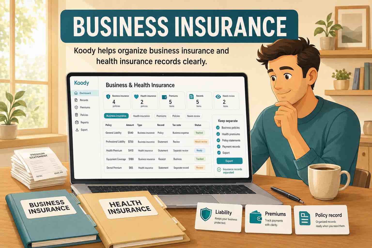 Person reviewing Koody business and health insurance records with policy premiums, business insurance and health insurance folders, premium statements, and export options.