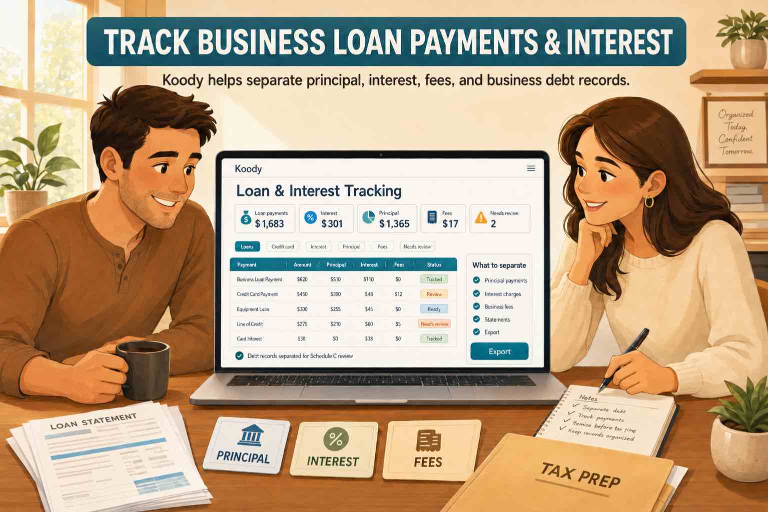 Two people reviewing Koody loan and interest tracking with principal, interest, fees, loan statement, notes, and tax prep folder on the desk.