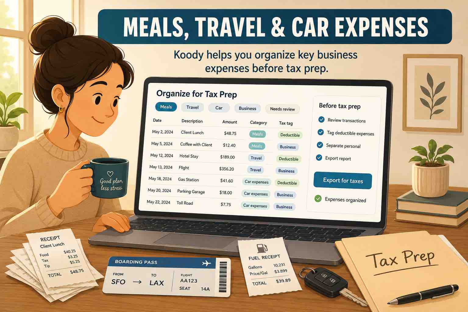 Illustration of a person organizing business meals, travel, and car expense records in Koody, with receipts, a boarding pass, fuel receipt, and tax-prep folder.
