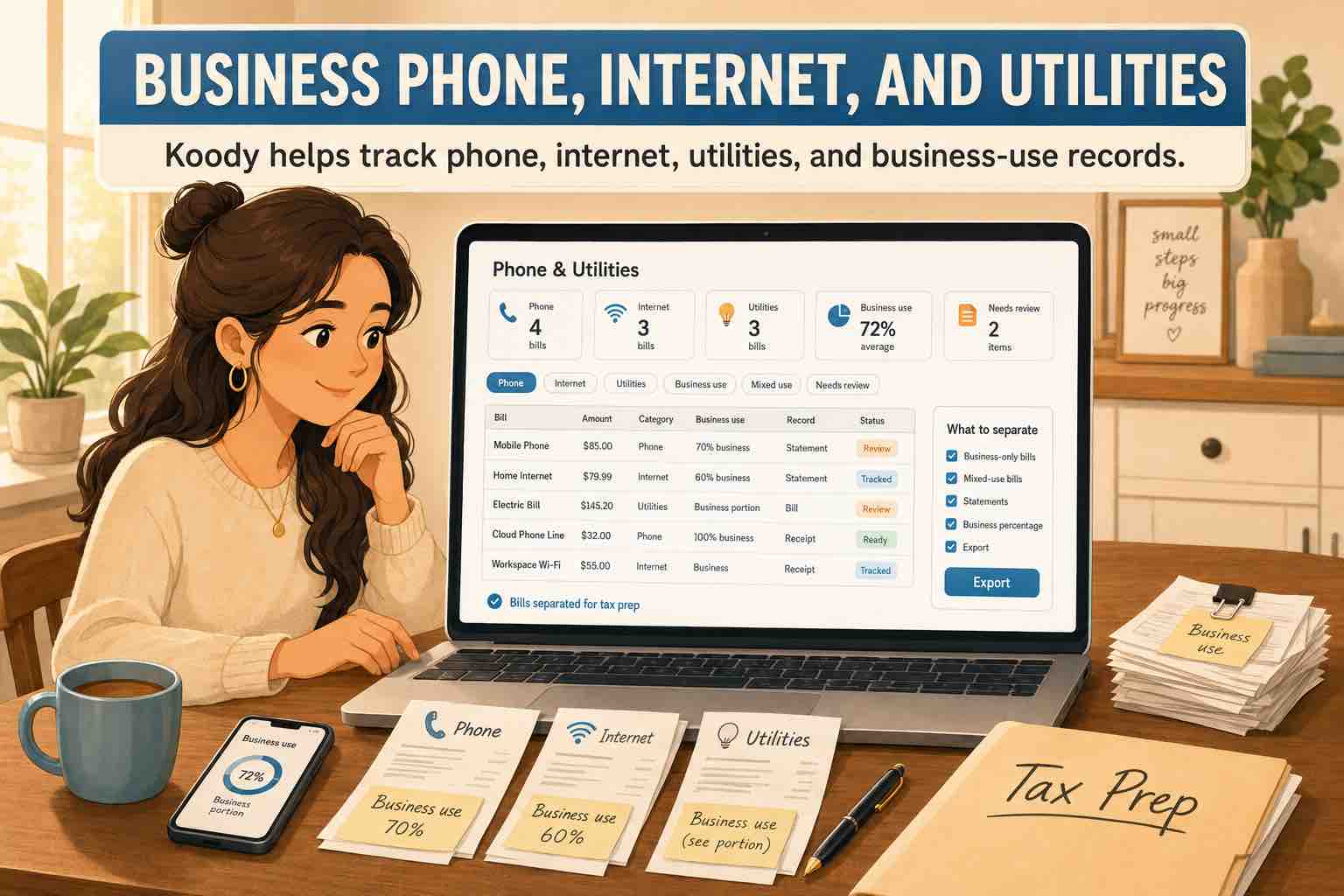 Woman reviewing a Koody phone and utilities dashboard with mobile phone, home internet, electric bill rows, business-use percentages, and tax prep folder.