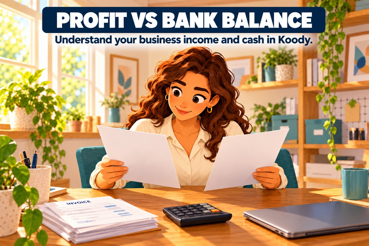 Illustration of a business owner comparing two documents facing her, with invoices and a calculator on her desk.