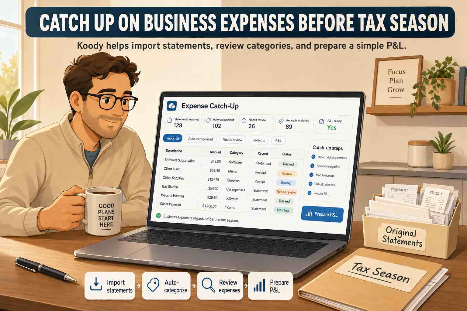 Illustration of a sole proprietor using Koody to import statements, auto-categorize transactions, review business expenses, and prepare a P&L before tax season.