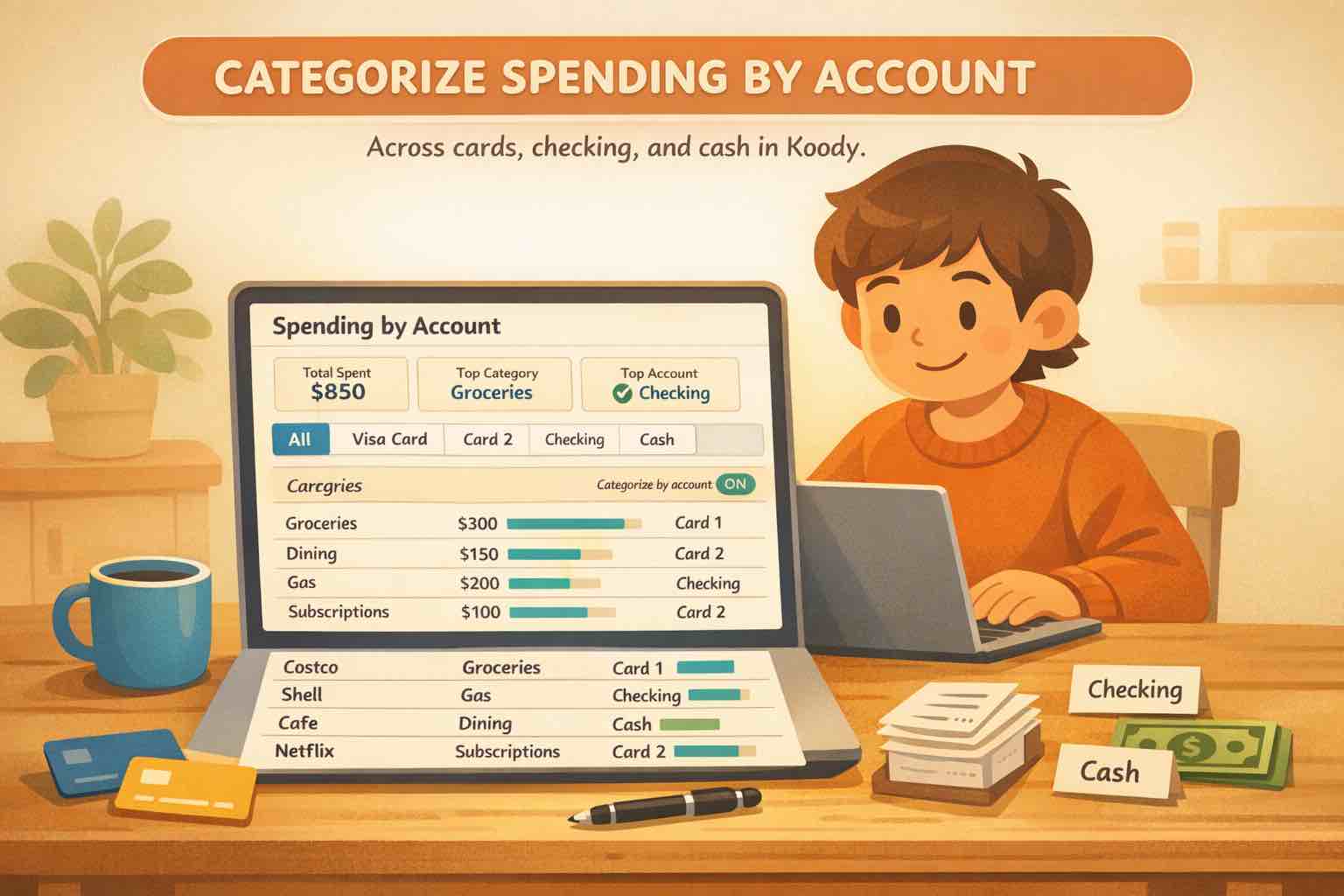Illustration of a person reviewing spending by account in Koody across cards, checking, and cash on a laptop.