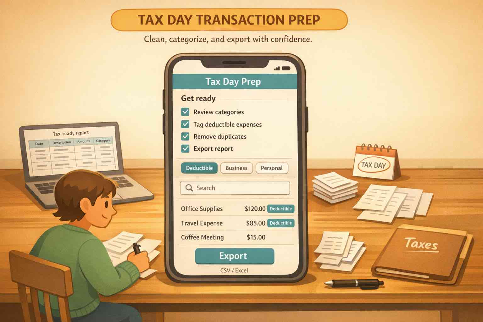 Illustration of a person at a desk reviewing a Tax Day Prep checklist on a phone, with a laptop report, receipts, and a tax book nearby.