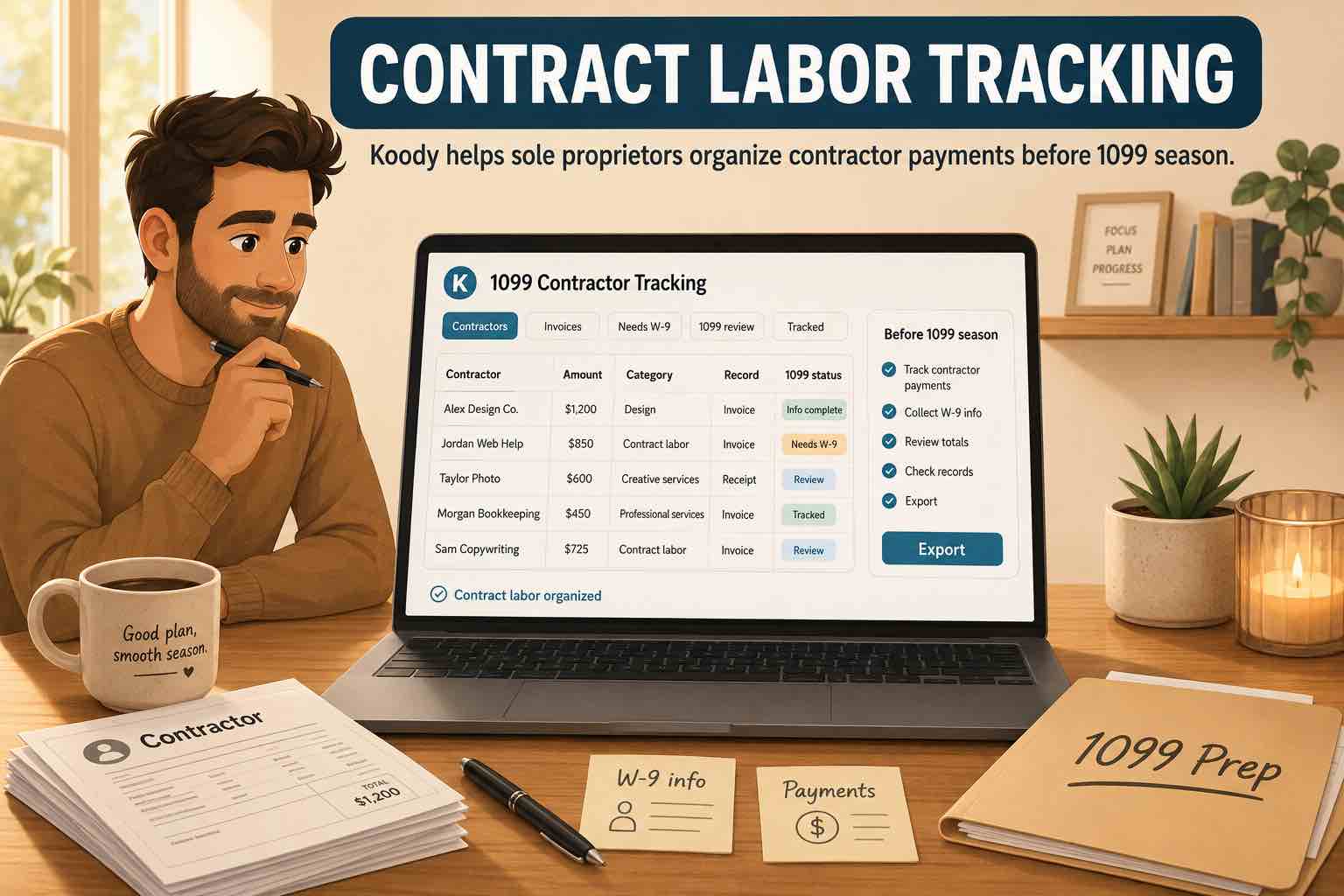 Person reviewing contract labor payments in Koody before 1099 season, with contractor invoices, W-9 info, payment notes, and 1099 prep folder.