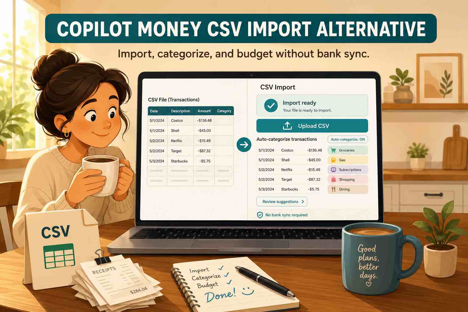 Illustration of someone moving CSV transaction files into Koody as a Copilot Money CSV import alternative.