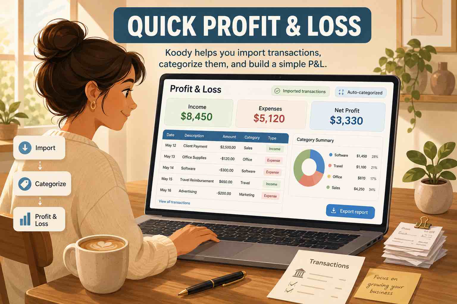 Illustration of a person viewing a Koody profit and loss dashboard with imported transactions, category labels, income, expenses, and net profit totals.