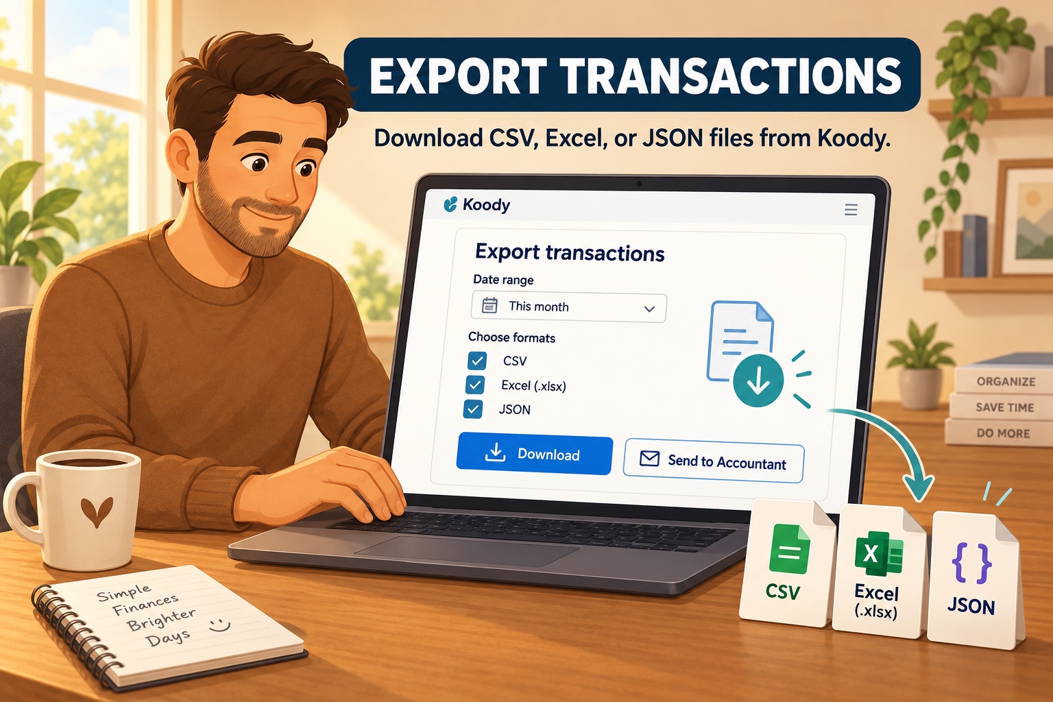 Illustration of a man using Koody on a laptop to export transactions as CSV, Excel, or JSON, with download and accountant-sharing options.