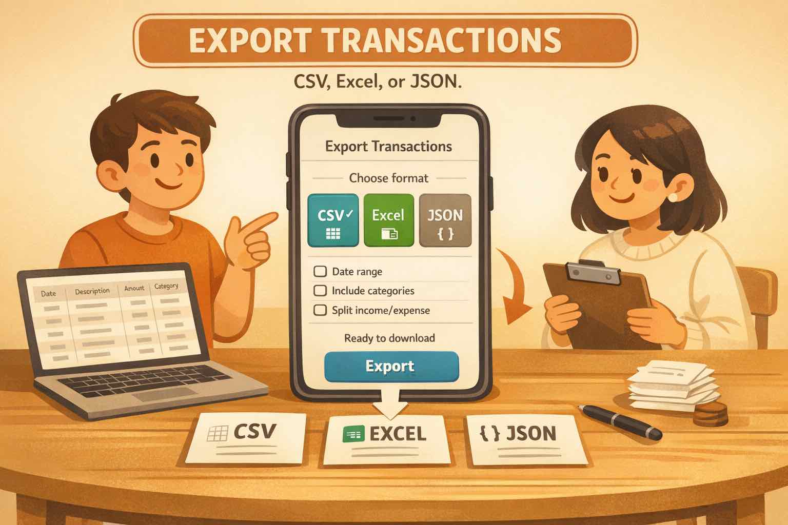 Illustration of Koody transaction export on a phone with CSV, Excel, and JSON options plus filter controls, next to two people reviewing records.