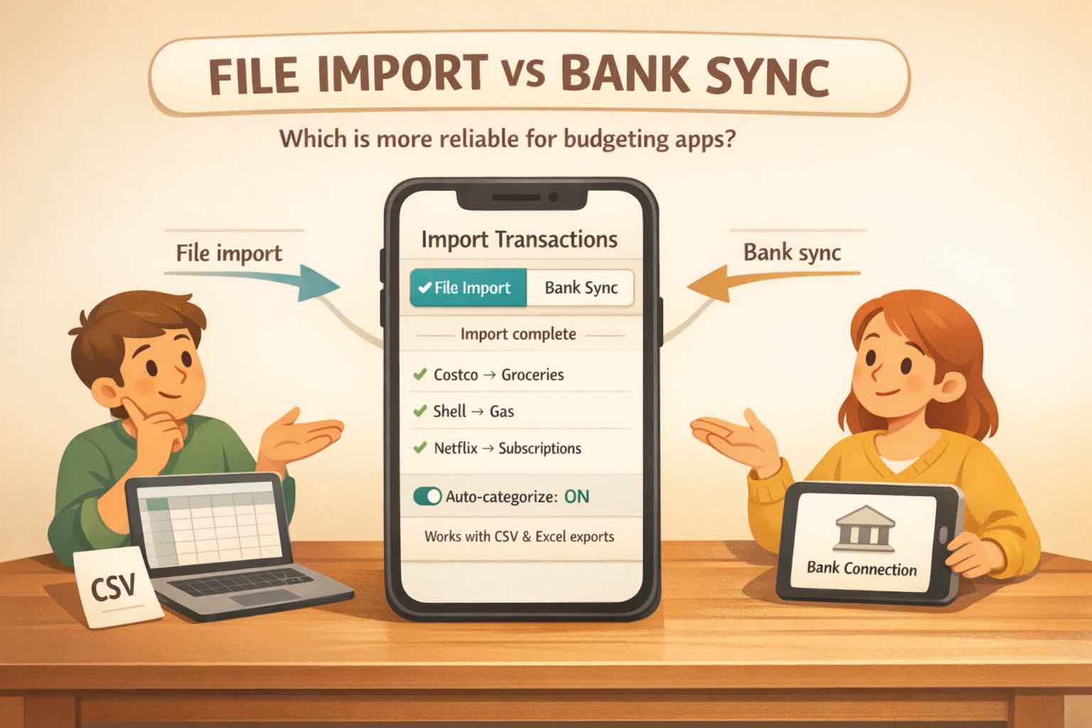 Illustration comparing file import and bank sync for budgeting apps, with a central phone showing imported and auto-categorized transactions.