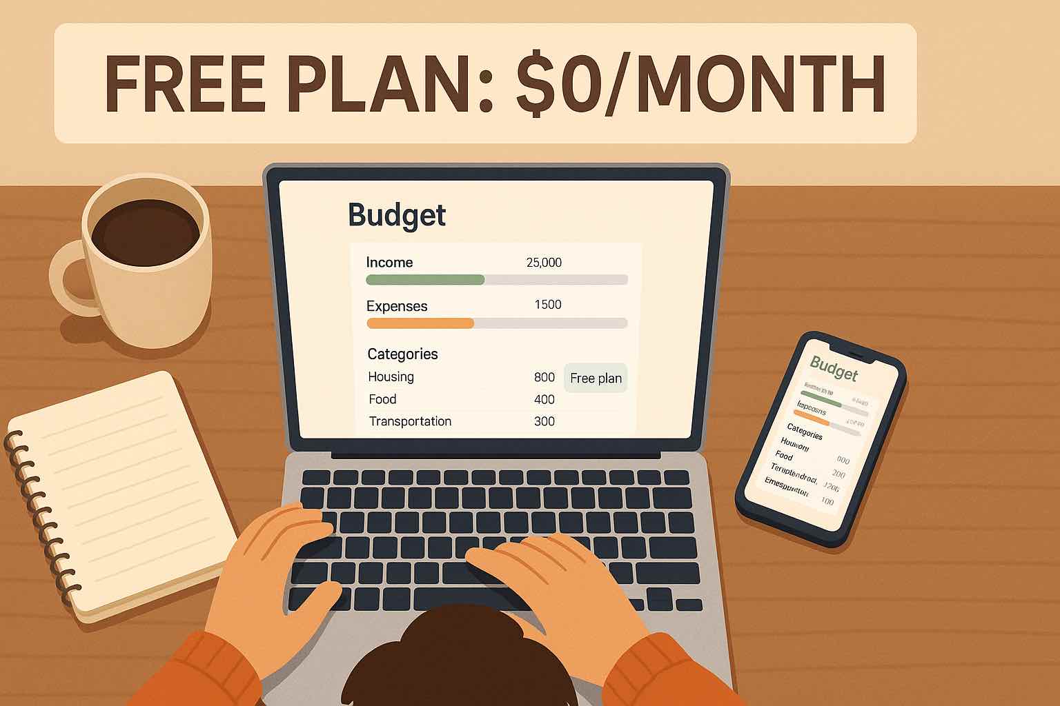 Person at a small desk using Koody, a free budgeting app that doesn't require bank linking, on their laptop and phone, with a dashboard showing spending categories and a clear 'Free plan' area.