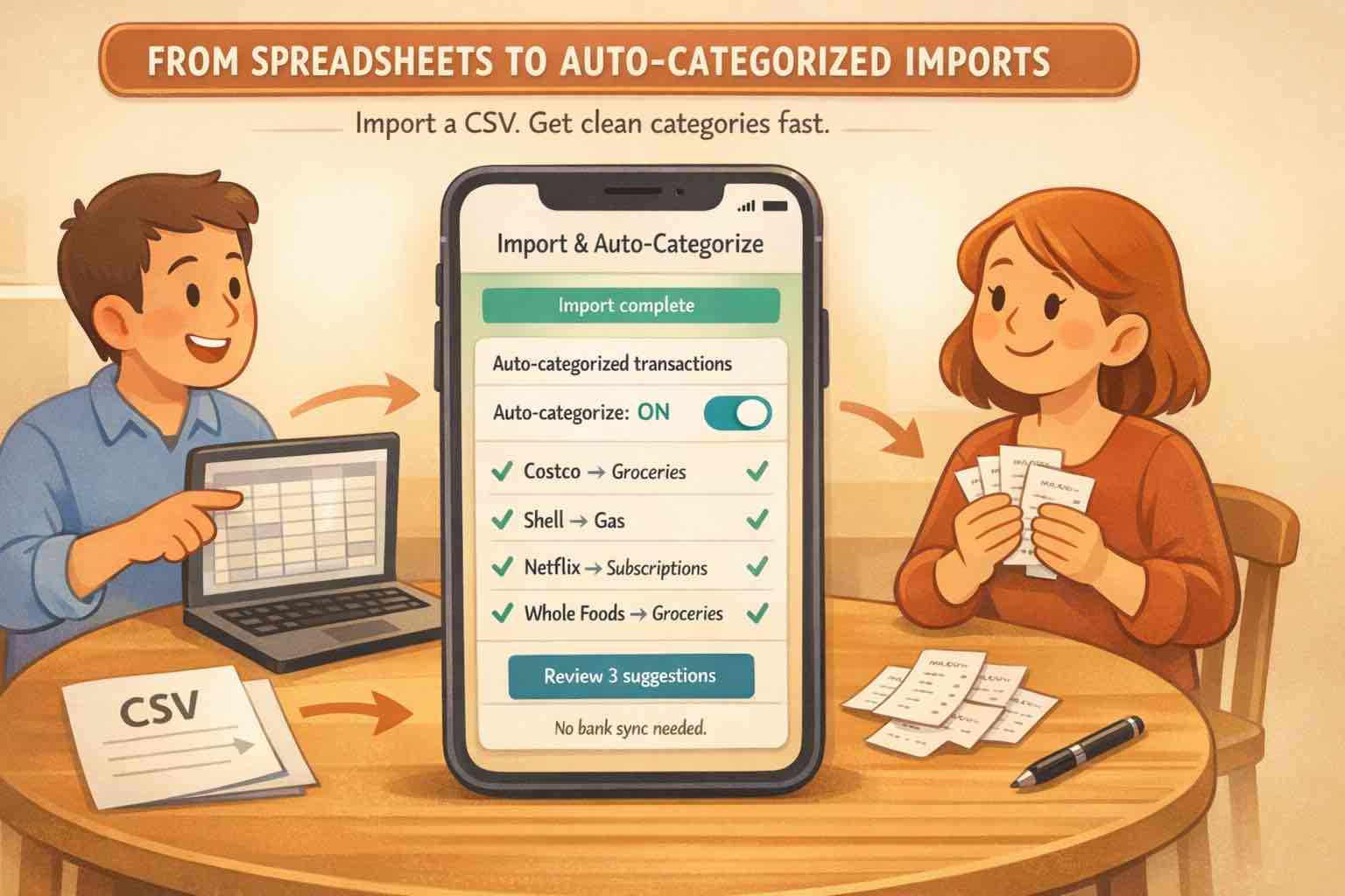 Illustration of two people moving from spreadsheet budgeting to CSV import automation in Koody, with a phone showing auto-categorized transactions.