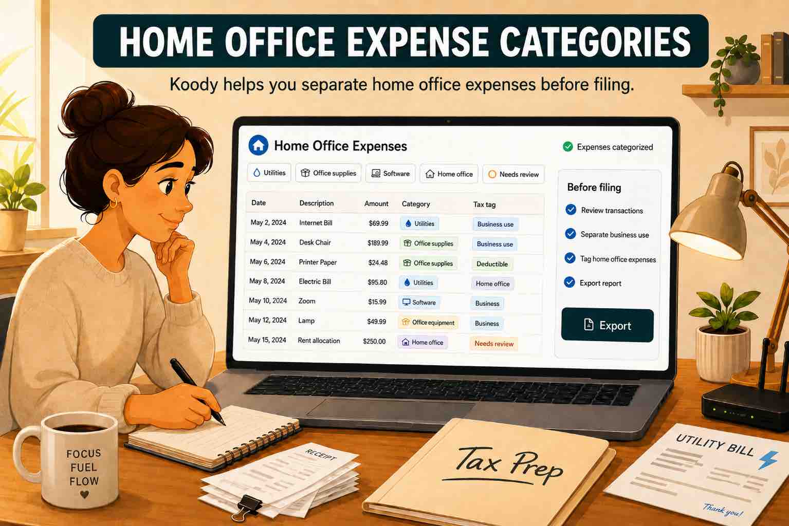 Illustration of a person reviewing home office expenses in Koody on a laptop, with receipts, a utility bill, and tax prep notes on the desk.