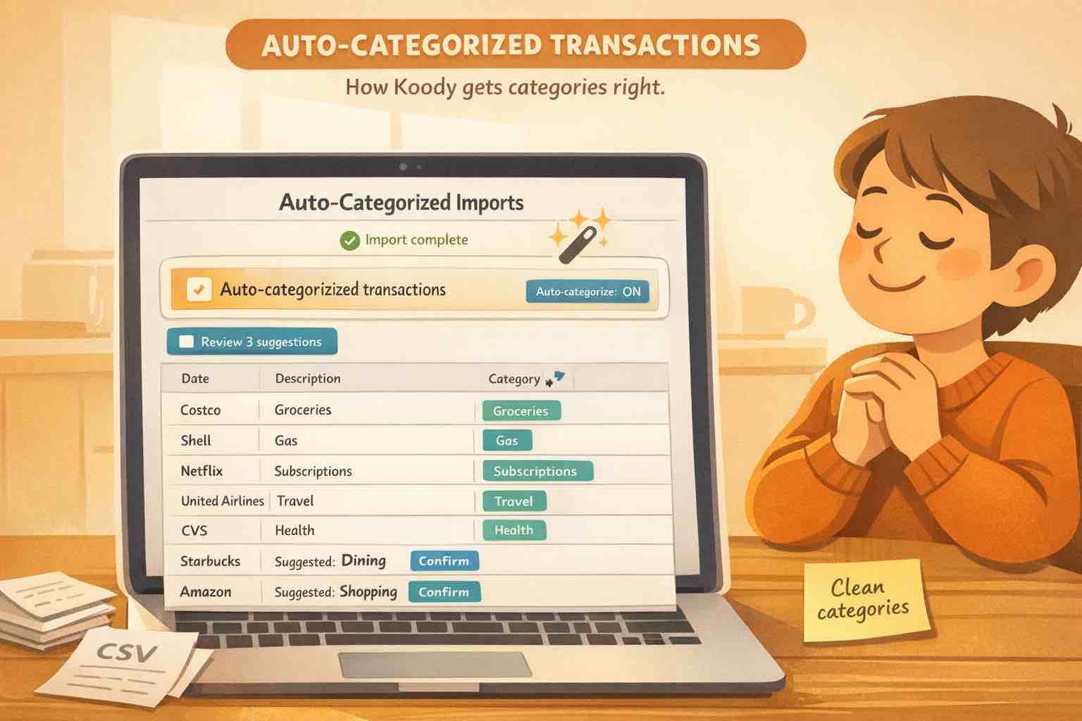 Koody blog thumbnail showing auto-categorized transactions with cleaned merchant names and category labels in a budgeting app interface.