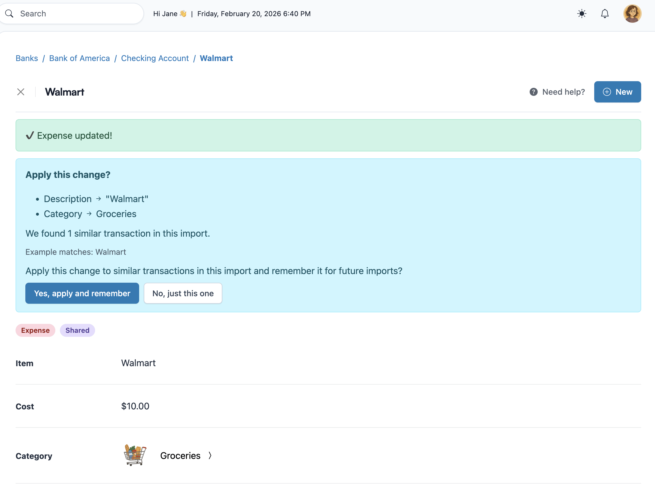 Koody expense-detail screen showing the Import Edit Persistence prompt to apply and remember a change.