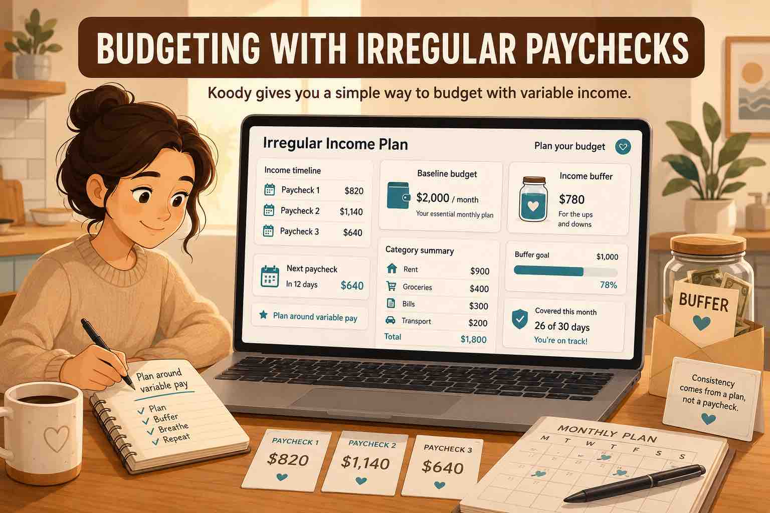 Illustration of a person planning around irregular paychecks in Koody with an income timeline, baseline budget, category summary, and buffer goal.