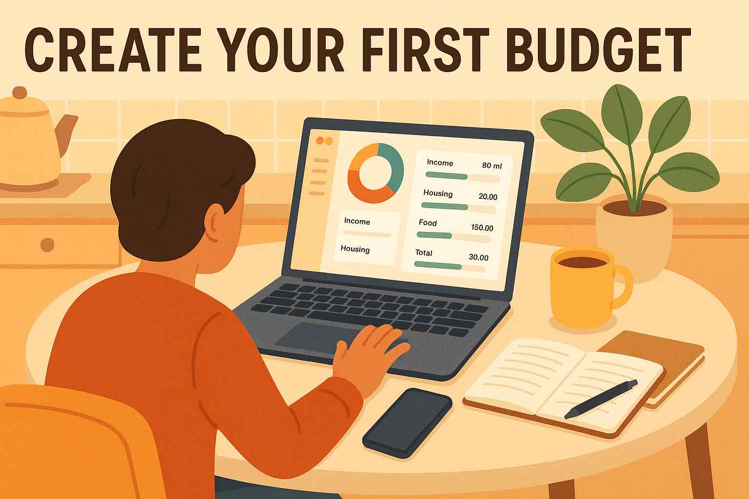 Overhead view of a person at a cozy kitchen table creating a budget in Koody on a laptop, with colorful charts, categories, and a monthly budget summary visible on screen.